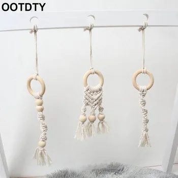 

Baby Boho Teething Ring Wooden Teether Crochet Cotton Sensory Toy Gym Frame Rack Pendant Infant Room Decoration Gifts