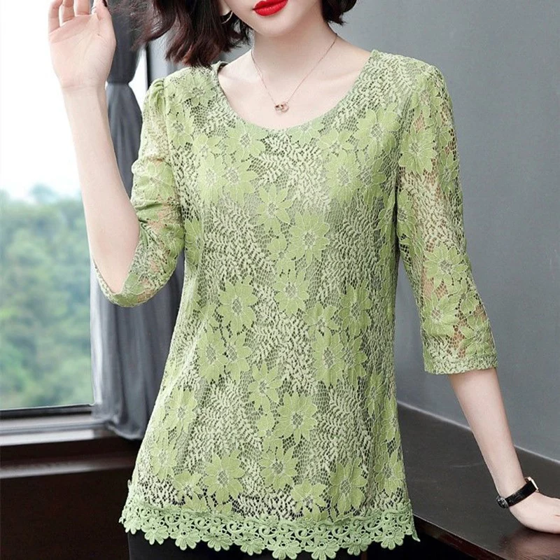Frauen Frühling Sommer Stil Spitze Blusen Shirts Dame Casual Halbe Hülse Blume Gedruckt Spitze Blusas Tops ZZ0333