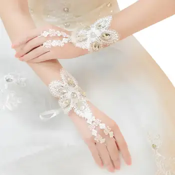 

Embroidery Flower Lace Water Drop Rhinestone Wedding Short Fingerless Gloves