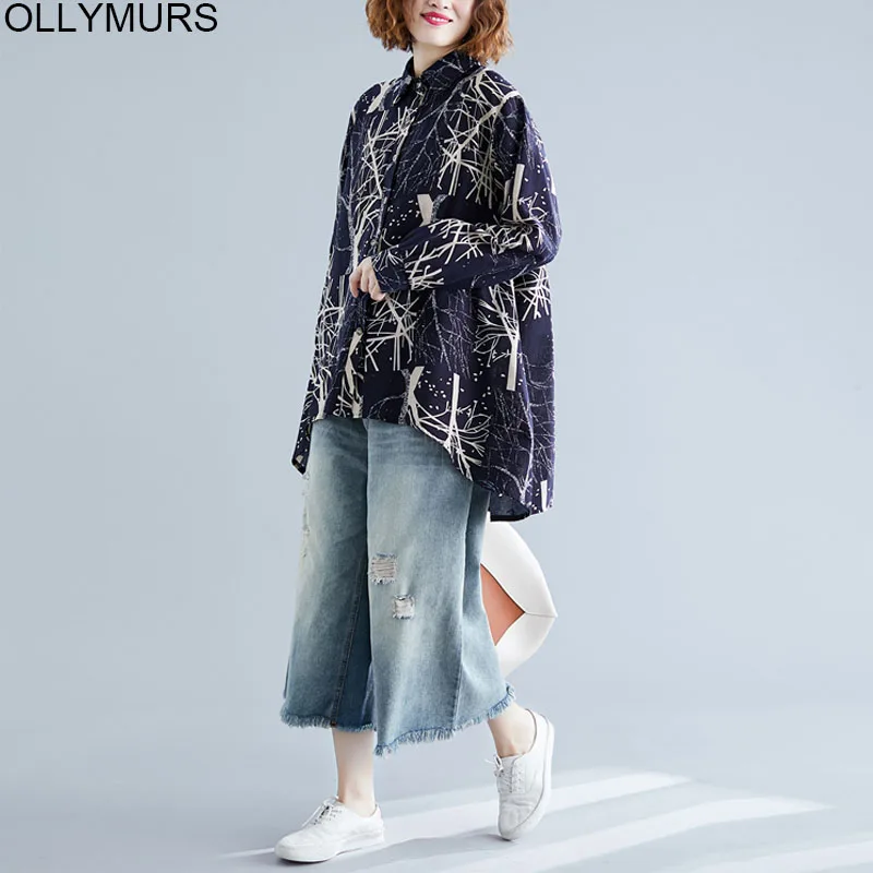 

Autumn Winter 2019 Cardigan Roupas Feminina Blusas Mujer 4XL Vintage Abstract Print Shirt Women Blouse Long Sleeve Cotton Linen