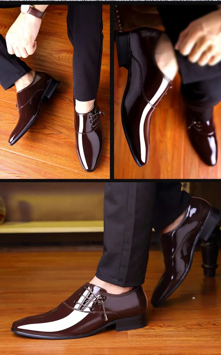 Classic 6cm Men High Heel Shoes Formal Mens Party Loafers Brown Patent Leather Dress Shoes Men Oxfords Fashion Mens Pointy Shoes