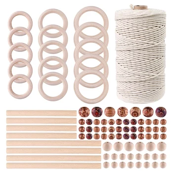 

m Natural Macrame Cord with 140Pcs Wood Beads 8Pcs Wooden Stick and 20Pcs Wood Ring for Crafts DIY Plant Hangers