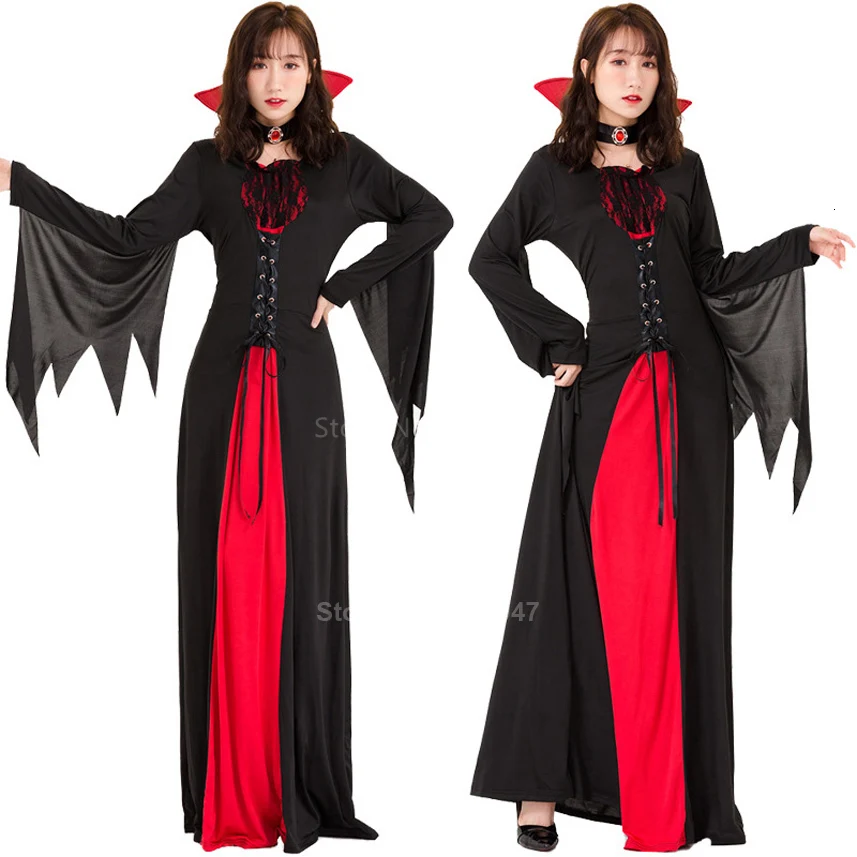 Vintage Medieval Costumes for Women Halloween Vampire Witch Cosplay Dress Red Black Bandage Gothic Carnival Court Princess Dress