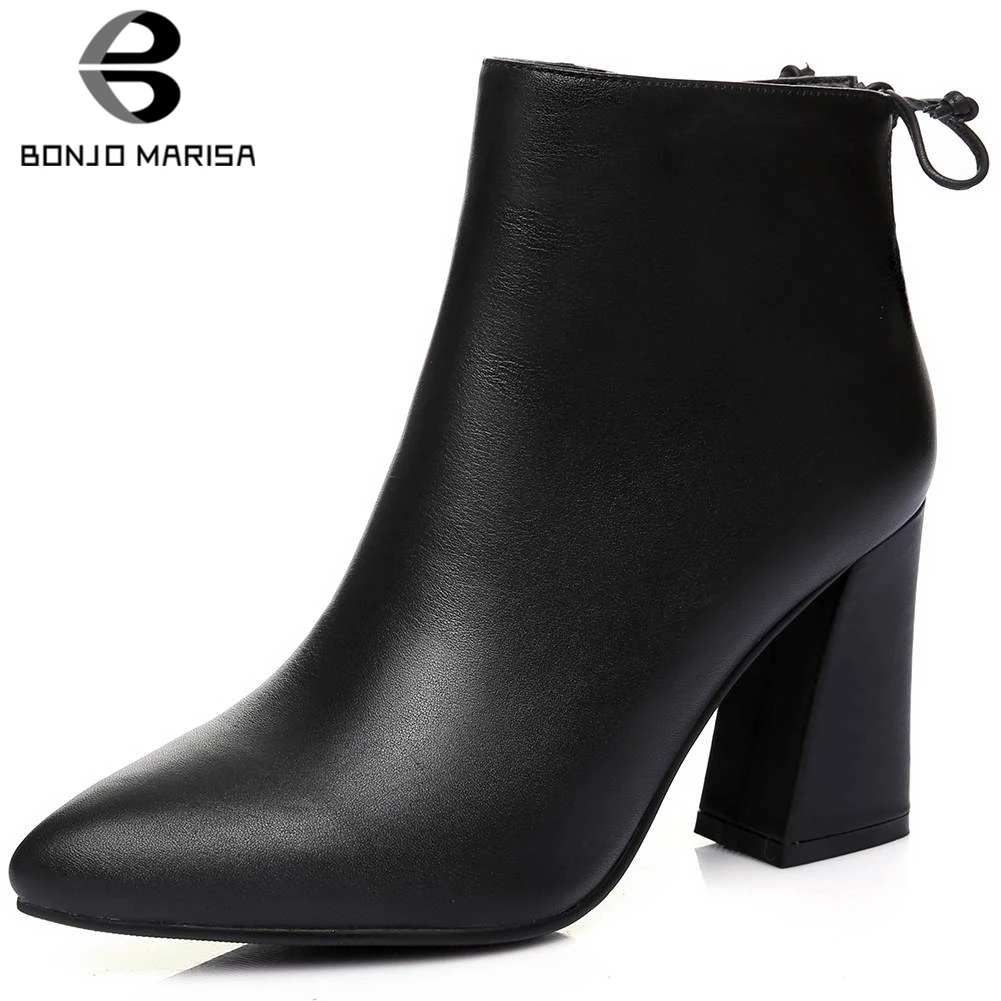 

BONJOMARISA 33-41 Elegant Pointed Toe Booties Ladies OL Quality Genuine Leather Ankle Boots Women 2020 High Heels Shoes Woman