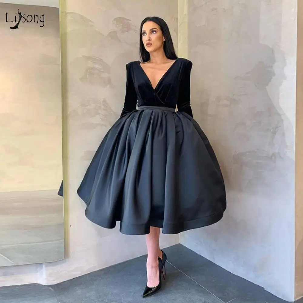 

Elegant Black Puffy A-line Formal Party Dresses Velvet Full Sleeves Teal Length Prom Gowns Fashion Cocktail Dresses