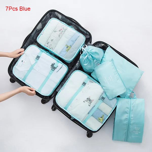 7Pcs Blue Mihawk, дорожные сумки, наборы, водонепроницаемая упаковка, куб, портативный органайзер для сортировки одежды, сумка для багажа, сумка-тоут, система, прочный аккуратный Чехол, вещи - Цвет: 7Pcs Blue