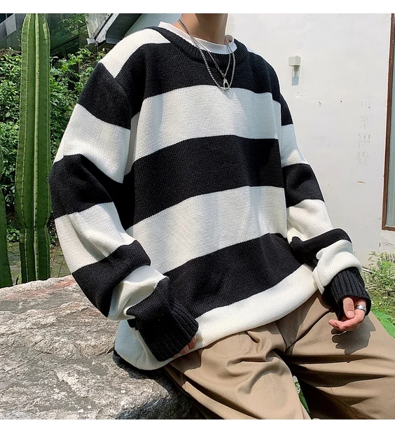 LAPPSTER Для мужчин негабаритный полосатый свитер Для мужчин s зимний Корейский модный свитер мужской пуловер свободного покроя в стиле Харадзюку бело-черные свитера с круглым вырезом