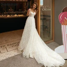 

SoDigne Ivory Tulle Princess Wedding Dresses Boho Elegant Sexy Backless Lace 3D Flower Wedding Party Gowns Long Train