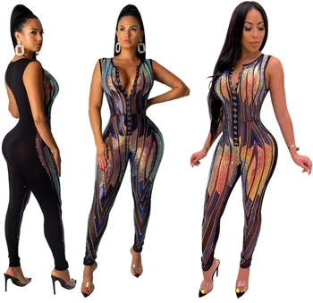 

Fashion Tight Sexy Stretch Positioning Sequined A Pair of Buckles Jumpsuit Super Size Female Girl Woman
