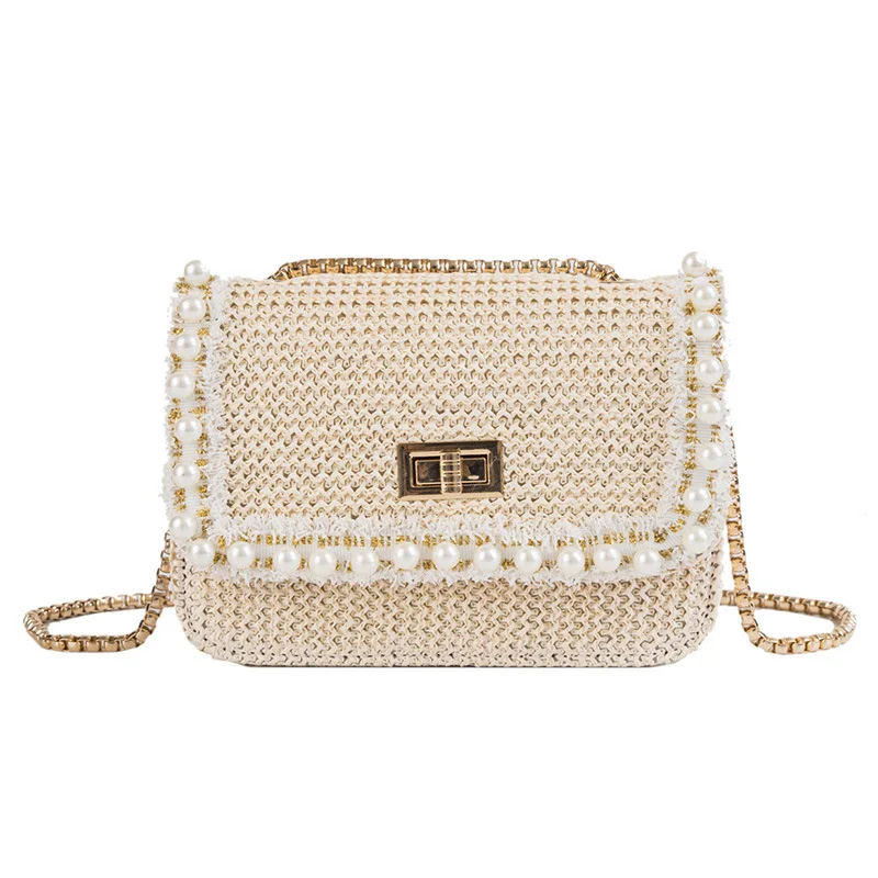 

Straw Knitting Bag Women Beading Summer Bag for Beach Female Chain Flap School Shoulder Yellow Pink Bag Shopper Case 2019 New