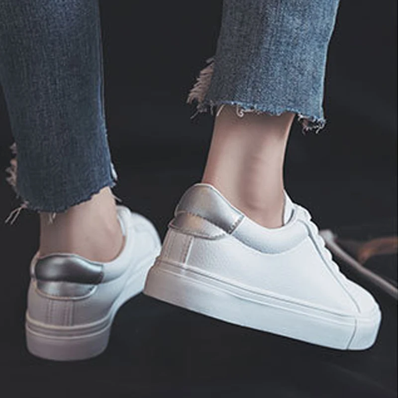 

Siddons 2020 White Leather Women's Vulcanize Shoes Round Toe Lace Up Ladies Casual Flat Shoes Shallow Mixed Color Women Sneakers