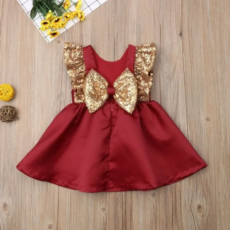 

Summer Toddler Kids Baby Girl Sequins Bowknot Dress Wedding Party Princess Dresses Cute Bow Fly Sleeve Clothings Clothes Sunsuit