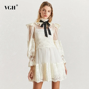 

VGH Sexy Perspective Mesh Lace Patchwork Women Dress Stand Collar Lace Up Lantern Sleeve High Waist Dresses Female 2020 Fashion