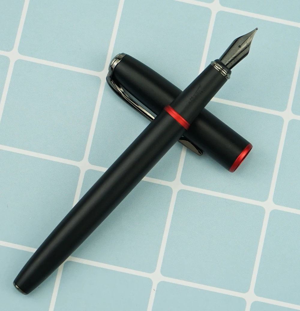 Kopen Nieuwe Picasso Pimio Black Metal Vulpen Zwart Ef M Gebogen Nib 0.38 0.6 1.0 Mm rode Ring Matte Vat Kantoor Relatiegeschenk Inkt Pen