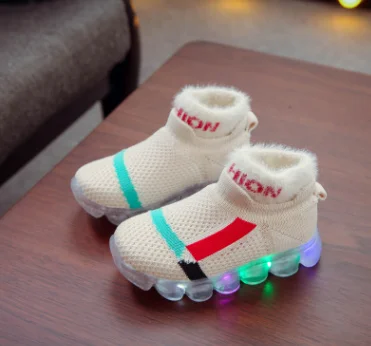 Летняя детская спортивная обувь для мальчиков и девочек, детские носки обувь для малышей светодиодный свет обувь Летающая тканая дышащая детская повседневная обувь - Цвет: white