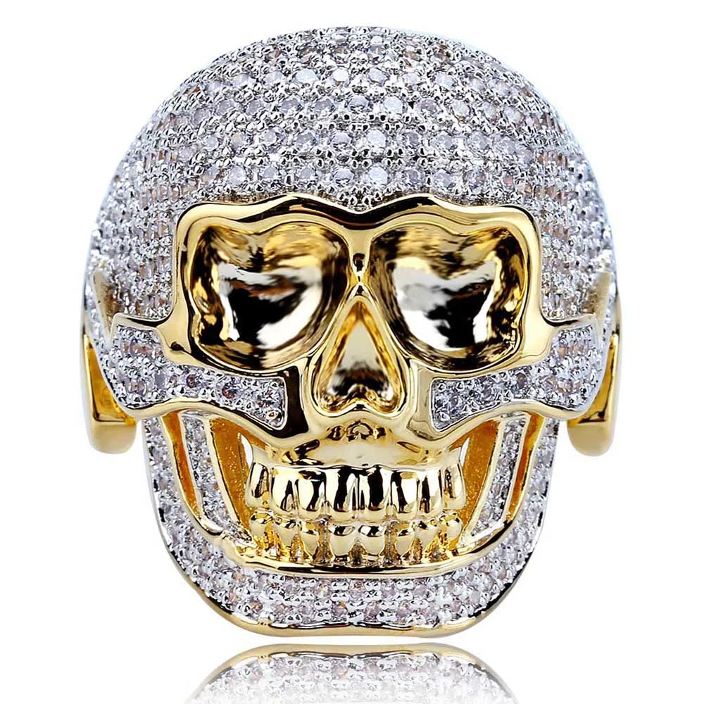 A Хип-хоп медное двухцветное кольцо с черепом Iced Out Micro Pave кубический цирконий панк модное кольцо для мужчин и женщин - Цвет основного камня: A