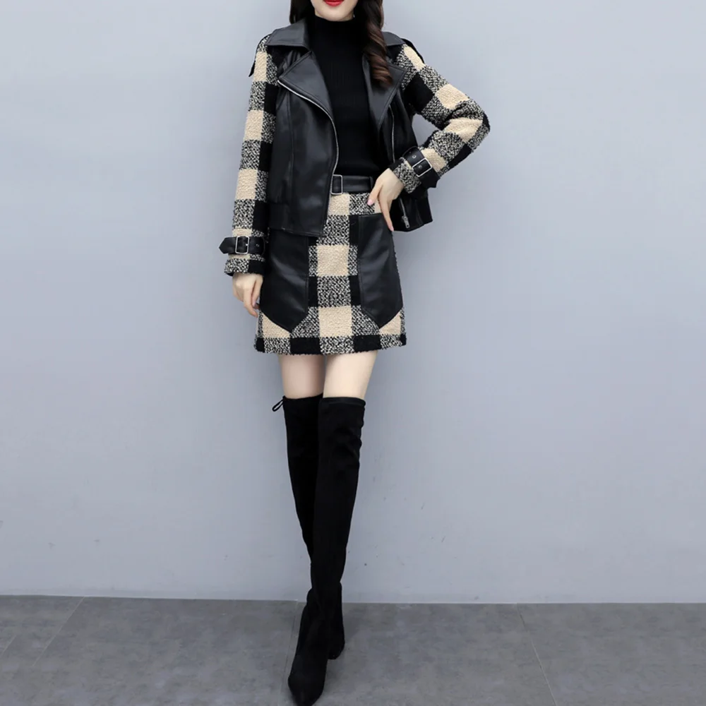 Sisjuly Office Ladies Two Piece Sets Trendy Two-piece Woolen Stitching Jacket Brit Graphics Skirts Casual Suits Female Korean |