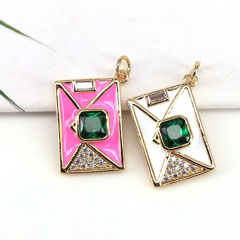 10Pcs Enamel Colorful Cute Rectangle Shape Pendant, Gold Filled CZ Micro Pave Charm , DIY Neckalce Bracelet Charm Pendants