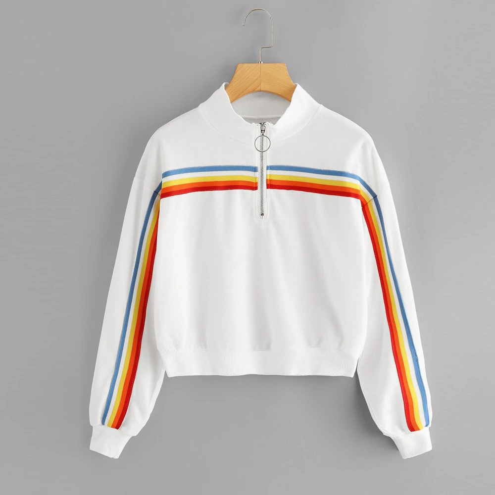 Ladies Zipper Half Placket Sweatshirt Contrast Tape Side Stand Turtleneck Autumn Casual Women Crop Tops Girls Ladies 809
