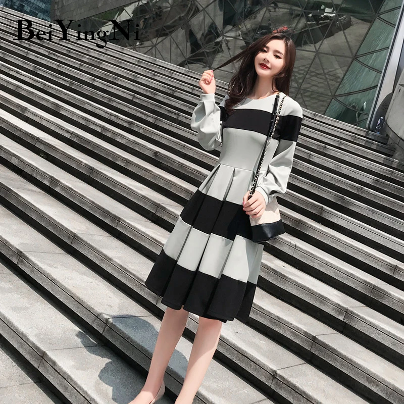 

Beiyingni O-neck Woman Dress Autumn 2019 Long Sleeve Patchwork Spell Color Vestidos Elegant Casual Vintage Office Lady Dresses