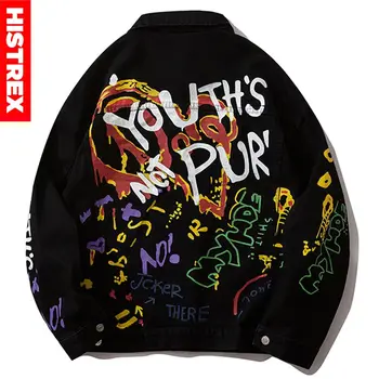 

HISTREX Graffiti Letter Smile Denim Jacket Spring Autumn Mens Classic Printed Casual Brand Hip Hop For Male Jeans Jacket 1N268#