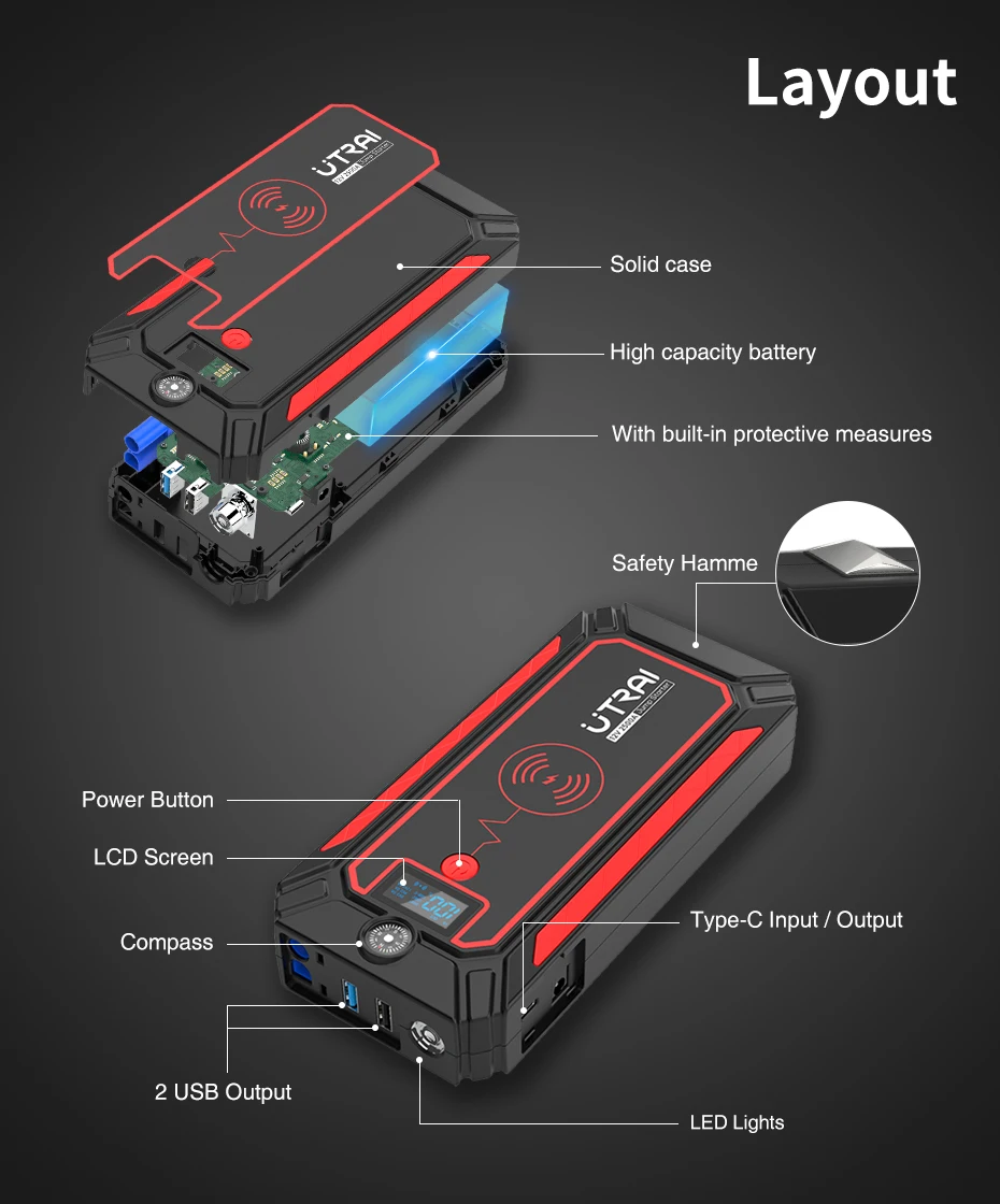 car jump starter UTRAI Car Jump Starter 2500A  Power Bank Car Battery with 10W Wireless Charger LCD Screen Safety Hammer Jump starter jump pack