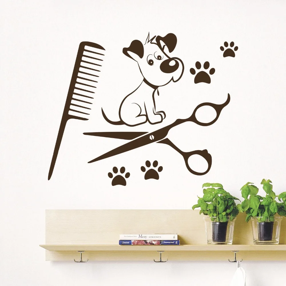 DCTAL Pet Shop Vinyl Wall Decal Pet Grooming Salon Dog Scissors Shop Comb Mural Art Wall Sticker Pet Salon Room Decoration