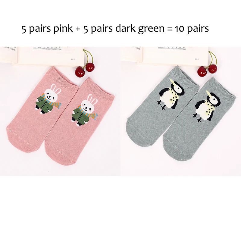 5 pink 5 dark green 10 пар/лот, короткие носки для девочек с забавными милыми мультяшными животными милые хлопковые носки-башмачки для девочек и школьников, для детей до 8 лет - Цвет: 5 pink 5 dark green