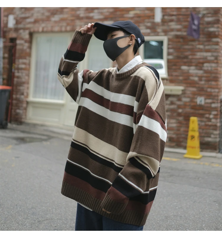 Striped Sweater Men Warm Fashion Contrast Color Casual O-neck Knit Pullover Men Streetwear Knitting Sweaters Male Sweter Clothes