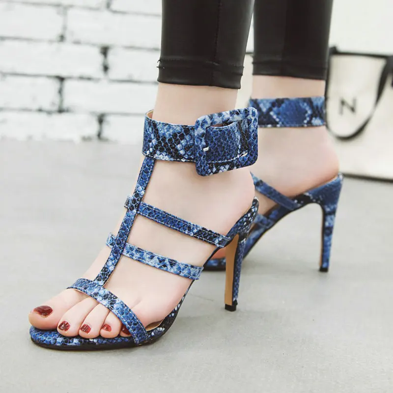 

Snake Print Gladiator Sandals Women Summer High Heels Fashion Buckle Party Woman Shoes Red Black Blue