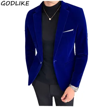 

Men's Gold velvet Long Sleeve Suit Jackets, Slim Design Blazer Men, Business Wedding Party Male Blue Suit Coats