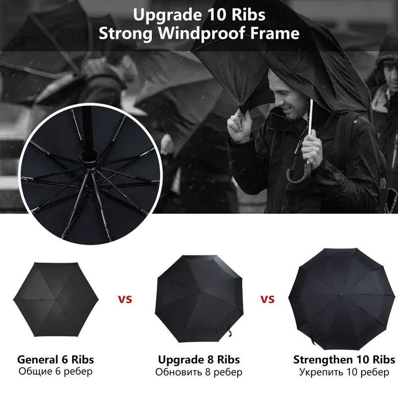 Wind Resistant Umbrella Rain Women Classic Folding Umbrella Rain Men Automatic Big Windproof Black Coating Women 10Ribs Parasol