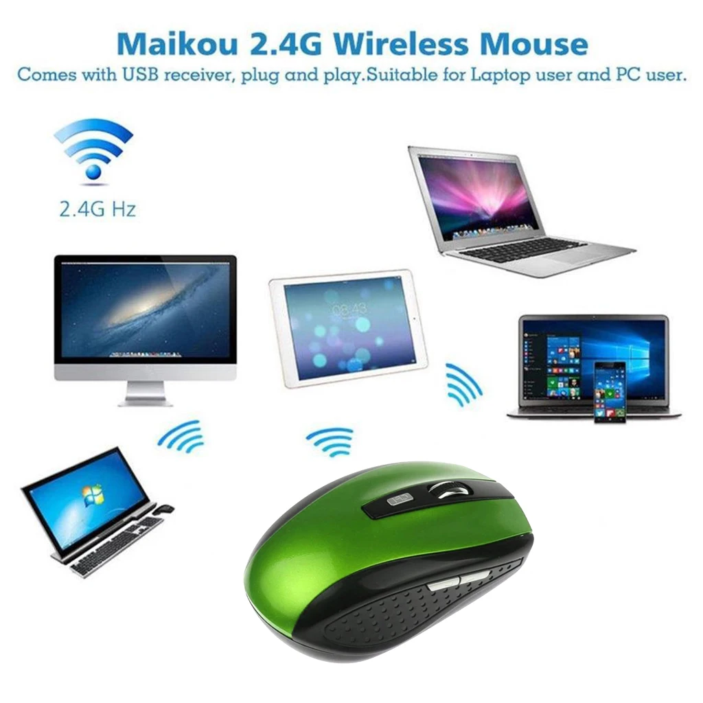 2.4G Wireless Mouse Wireless Optical Laptop Mouse with USB Receiver 6 Buttons 4 Adjustable DPI Levels -Green