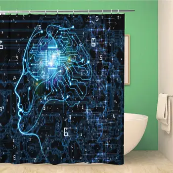

Bathroom Shower Curtain CPU Mind Series of Human Face Silhouette and Technology Waterproof Bath Curtain Set with Hooks