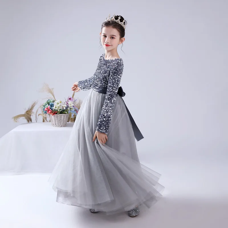 Dideyttawl Junior Girls Formal Pageant Party Princess Gown Long Sleeve Grey Sequins Flower Girls Dress Wedding Birthday Party