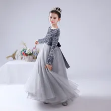 Junior Girls Formal Pageant Party Princess Gown Long Christmas Long Sleeve Silver Grey Sequins Wedding Evening Party Elegant