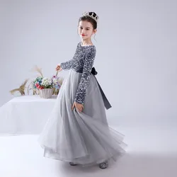 Junior Girls Formal Pageant Party Princess Gown Long Christmas Long Sleeve Silver Grey Sequins Wedding Evening Party Elegant