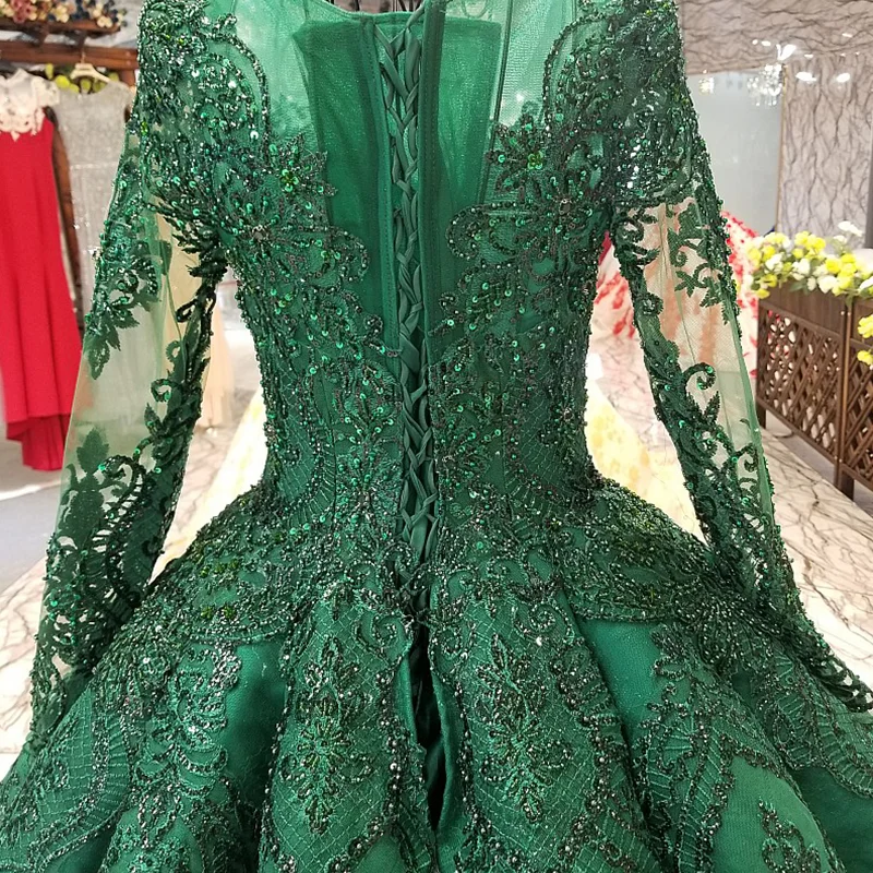LS0447 floor length puffy green evening dress o-neck long tulle sleeves lace up back pleat evening party dresses quick shipping 6