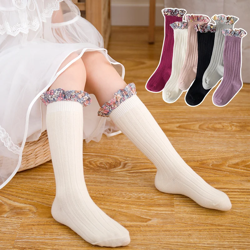 0-8 Years Baby Girls Liberty Ruffle Trim Knee Socks Kid's Girls Ribbed Cotton Ditsy Floral Frill Knee High Socks
