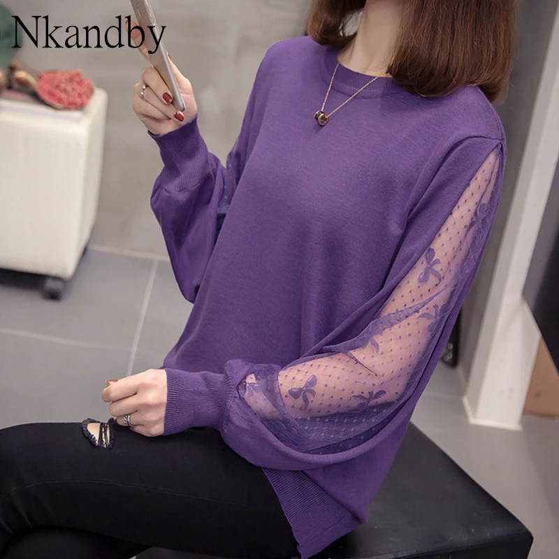 

Plus Size Knit Pullover 2020 Spring Trendy Korean Loose Bow Pattern Sweater Lace Patchwork Long Sleeve Chic Tops Office Knitwear