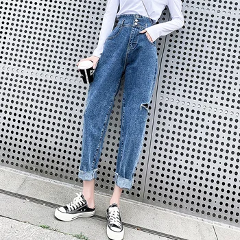 

2020 Spring Straight Harem Jeans Women Vintage High Waist Jeans Retro Boyfriend Jeans Street Blue Black Denim Long Pants