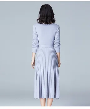 

2020 autumn and winter new women's knitted bottoming skirt v-neck mid-length dress temperament slim pullover sweater skirt
