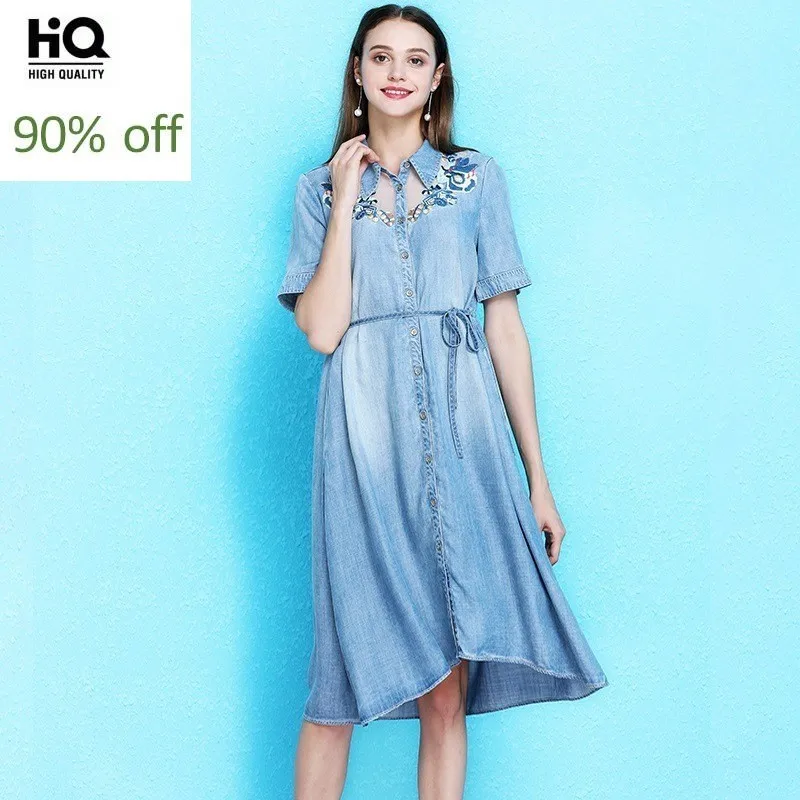 

High Quality Summer New Fashion Mesh Embroidery Patchwork Womens Denim Dresses Elastic Waist Office Laides Knee Length Dresses