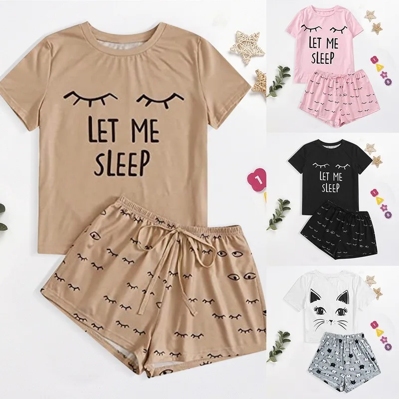 Jodimitty Print Woman Pajama Sets Cartoon White O Neck Pullover Short Sleeve Coat Shorts 2-piece Ladies Pajama Set Pyjama Femme