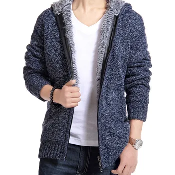 

Winter Man Sweater Casual Mens cardigan British thick Fur Lining Warm Fleece sweaters 0uterwear Brand New Male Hooded Sweaters