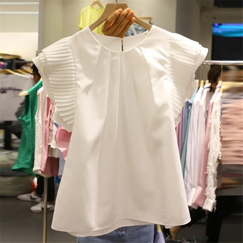 67747 white blouse Neploe/однотонная Белая Летняя женская футболка с круглым вырезом и коротким рукавом, плиссированные Женские топы, новые корейские модные свободные футболки для повседневного ношения 67747 - Цвет: 67747 white blouse