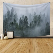 

Laeacco Nordic Foggy Forest Tree Tapestries Mysterious Mountains Forests Blanket Carpets Home Art Polyester Fabric Decor