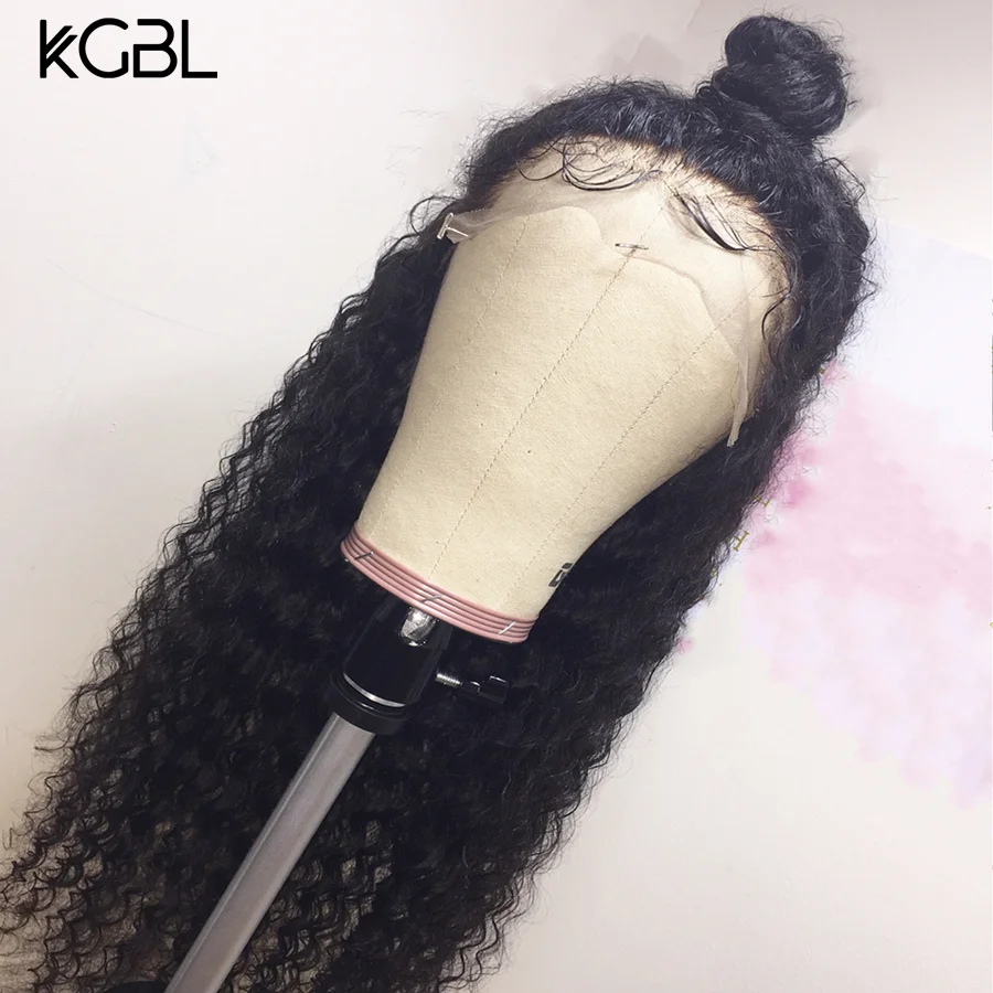 KGBL вьющиеся 13*4 Кружева спереди средний коэффициент "-24" не-Remy человеческие волосы парики натуральный цвет бразильские волосы парики с детскими волосами