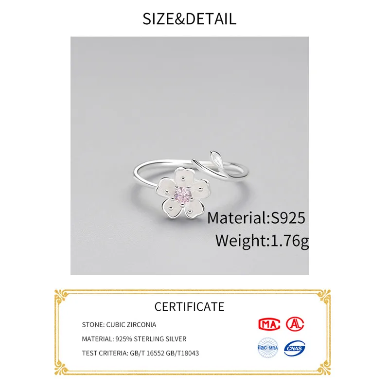 Real 925 Sterling Silver Zircon Enamel Plum Flower Adjustable Ring for Women Romantic Party Bijoux silver rings silver ring