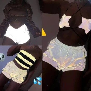 

1piece Summer Women Casual Reflective Shorts Elastic Waist Sport Short HotPants Casual Elastic Waist Bright Jogger Trousers